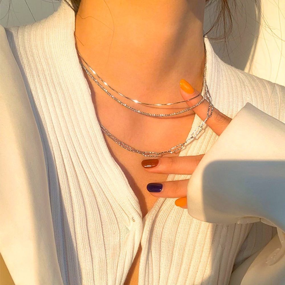 Brand New 925 Sterling Silver Layered Necklace Sparking 3pc Set Minimalist Chain - Picture 1 of 9